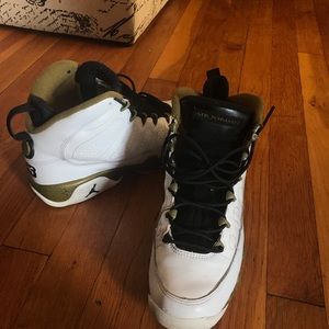 White & olive green Jordan 9’s